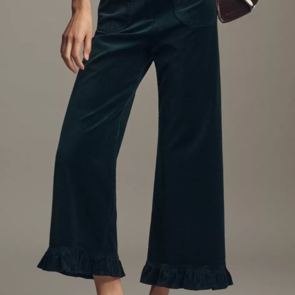 Anthropologie Dark Green Velvet Cropped Pants With Ruffle Bottom By Maeve.